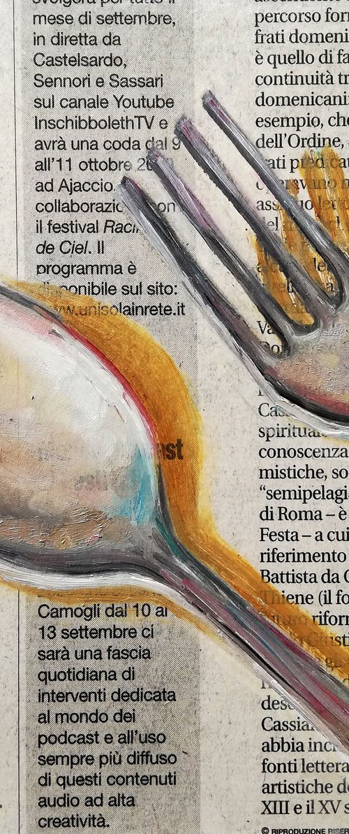 "Fork and Spoon on Newspaper" Original Oil on Wooden Board Painting 6 by 6"(15x15cm) by Katia Ricci
