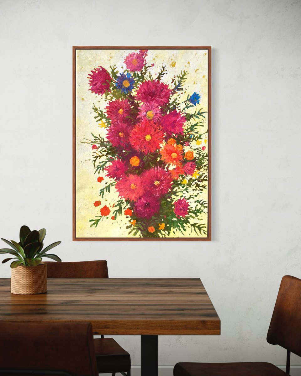 Impressionistic Landscape Oil Painting By Volodymyr Smoliak, 28 X 39", Autumn Flowers, Original Artwork