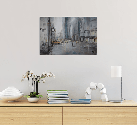 New York under the rain. Original oil painting. Grey day travel interior decor moody megapolis trip road urban landscape