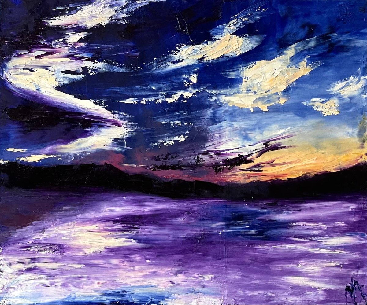 Expressive Landscape Oil Painting By Anastasiia Novitskaya, 24 X 20, Purple Sunset, Original Artwork