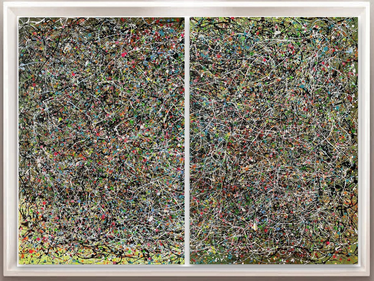 Abstract Painting By Juan Jose Garay, 79 X 59", Greendarknessnature-Diptych, Original Artwork