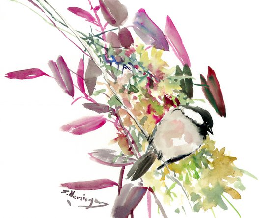 Chickadees, Bird and flowers