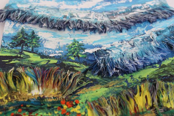 Be the Change in the World , 2018 - Impressionistic Landscape Painting using Acrylic Paints and Non-Recyclable Polyester Labels on Canvas