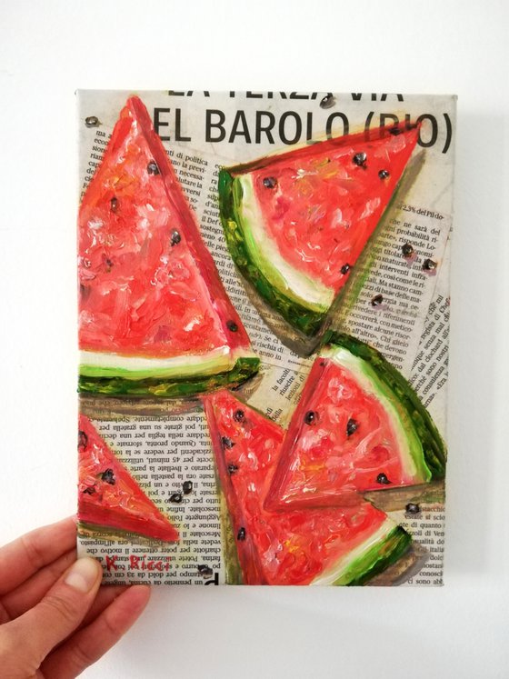 "Watermelon Slices on Newspaper" Original Oil on Canvas Board Painting 7 by 10 inches (18x24 cm)