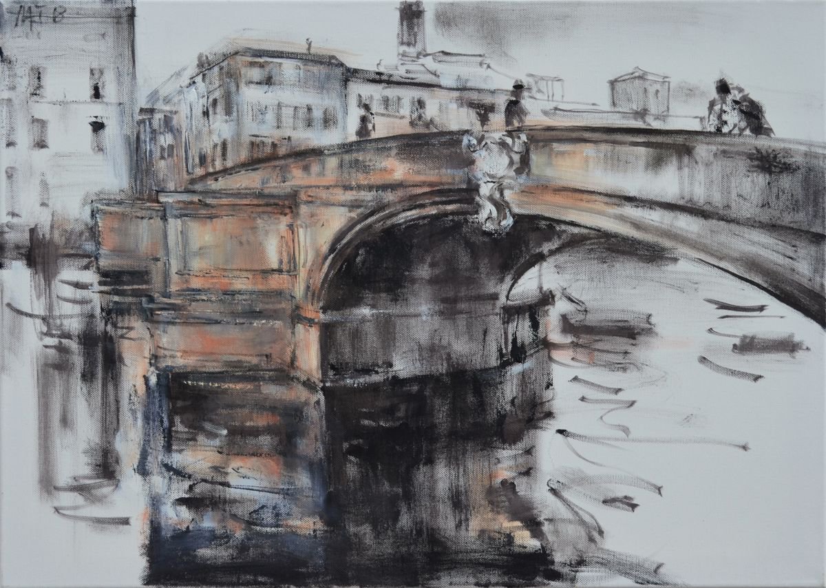 Impressionistic Cityscapes Oil Painting By Nelina Trubach-Moshnikova, 28 X 20", The Bridge (Florence), Original Artwork