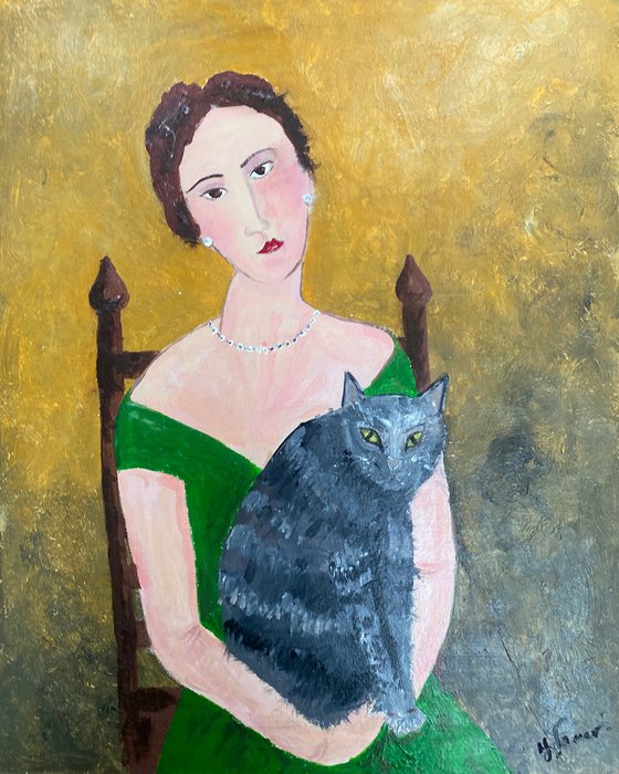 Woman Pearls Tabby Cat