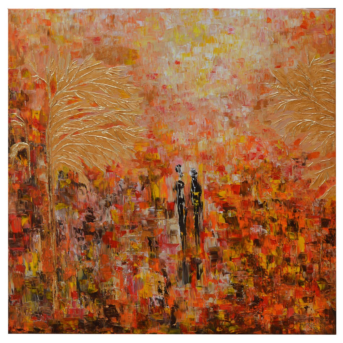 TREE WITH GOLDEN FLOWERS - ABSTRACT THICK IMPASTO SQUARE FORMAT PAINTING by VANADA ABSTRACT ART