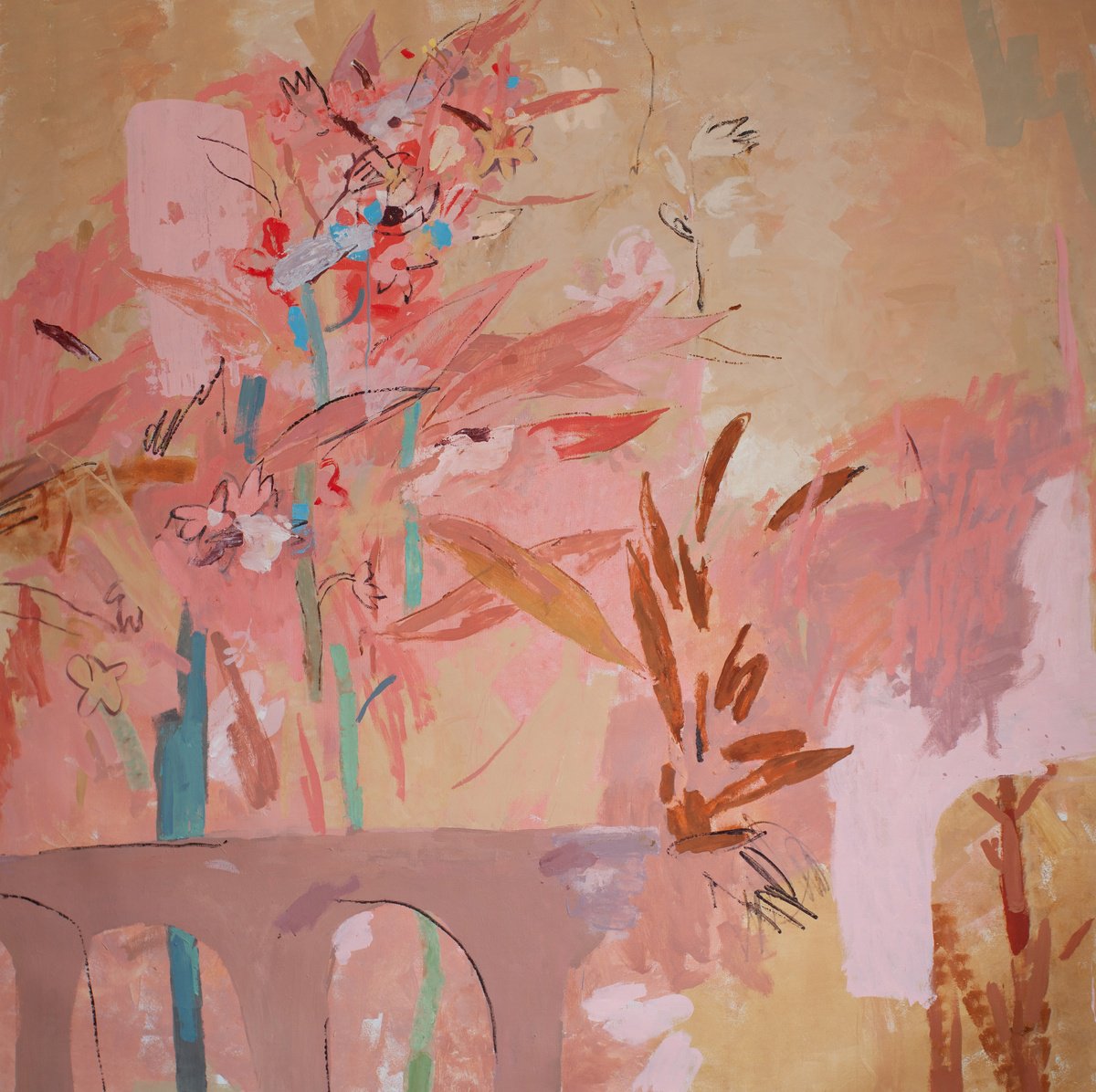 Expressive Botanical Oil Painting By Glib Franko, 83 X 83, Terracotta Flowers, Original Artwork