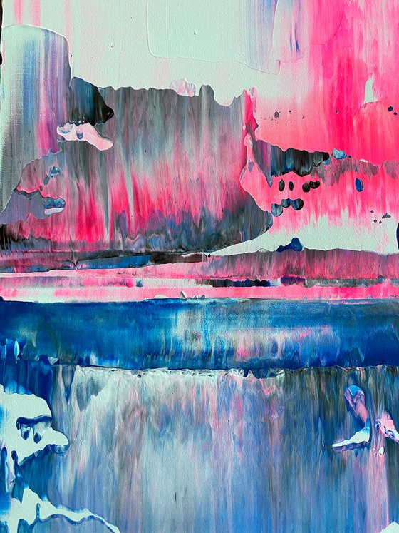 "From The Ice Age To The Pink Age" - FREE USA SHIPPING - Original PMS Abstract Acrylic Painting On Reclaimed Wood Panel - 14" x 24"