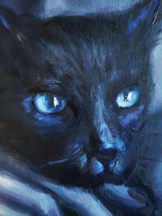 Woman Portrait Cat Navy Blue Twin Souls Mystic Art Totem Animals