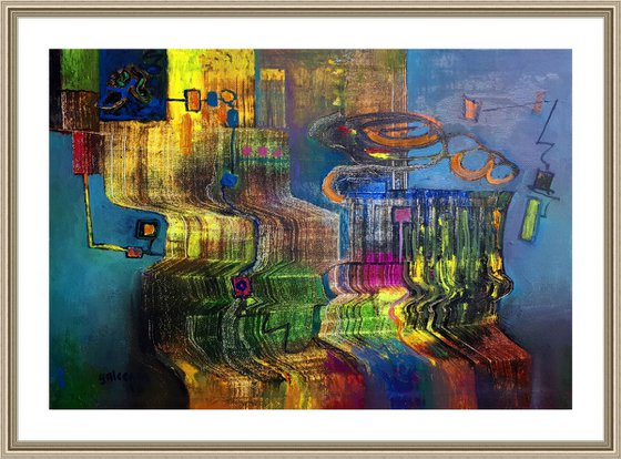 Cascade, colorful abstract art, yellow and blue, oil painting original art