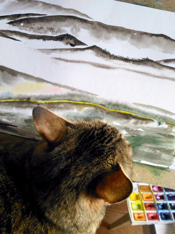 mountains landscape original watercolor painting wet on wet watercolor"Breath of Mountains"