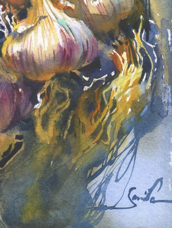 Still life watercolor of Garlic