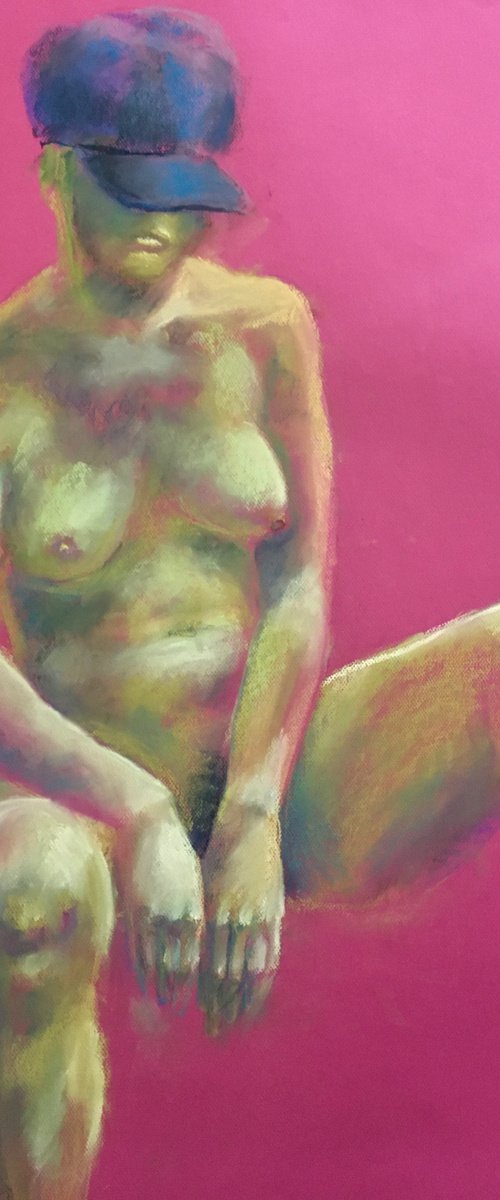 Fuchsia Nude Girl, 50*65, a soft pastel impressionistic drawing on a pink paper by Olga Blazhko