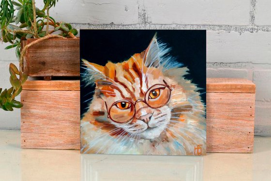 Learned Cat Oil Painting Ginger Artwork Original Pet Wall Art