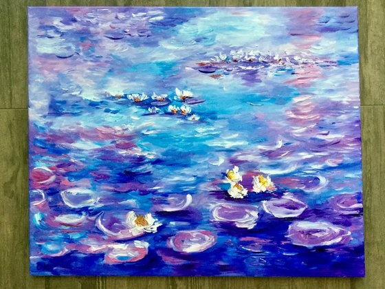 Water Lilies  (81x 66 cm ) inspired by Claude Monet  sunrise in a garden in purple, turquoise, blue sky