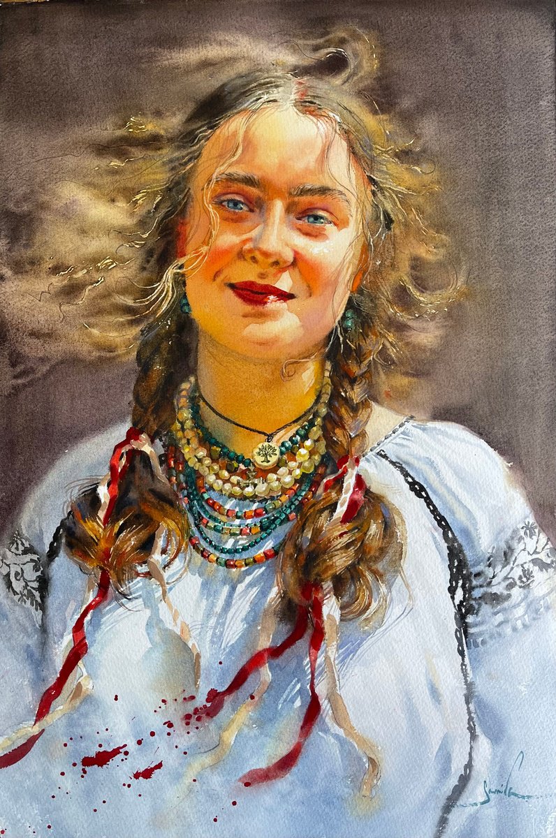 Expressive Portrait Watercolour By Samira Yanushkova, 15 X 22", A Girl With Pigtails, Original Artwork