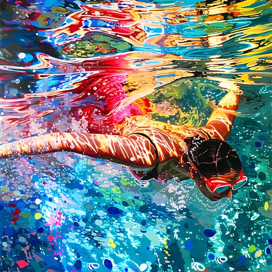 Woman under water in the sea, ocean, swimming pool with blue color waves with bright sun glares. Impressionistic artwork. Original painting wall art home decor. Art Gift