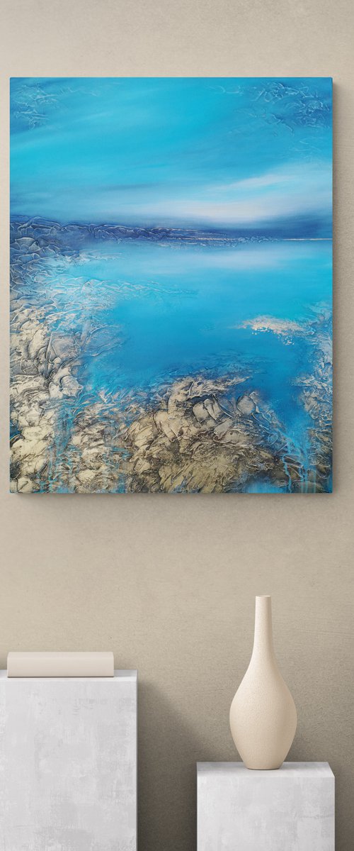 A XL large original modern semi-abstract painting "Blue Lagoon" by Vera Hoi