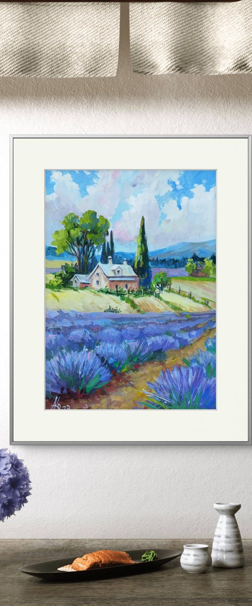 Lavender Field Gouache Art by Ann Krasikova