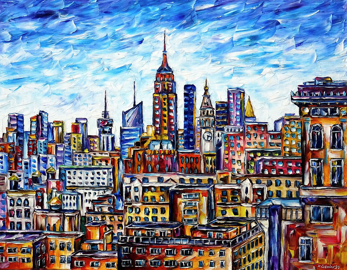 Expressive Cityscapes Oil Painting By Mirek Kuzniar, 35 X 28", The Rooftops Of New York, Original Artwork