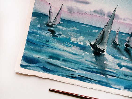 Sailboat sketch painting. Seascape