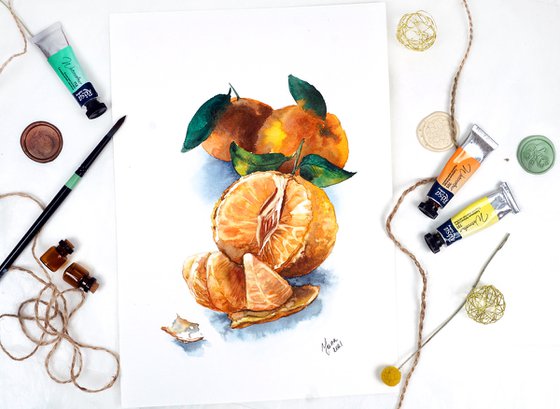 ORIGINAL Watercolor Painting of Tangerines | Colorful Oranges | Food Art | Kitchen Home Decor