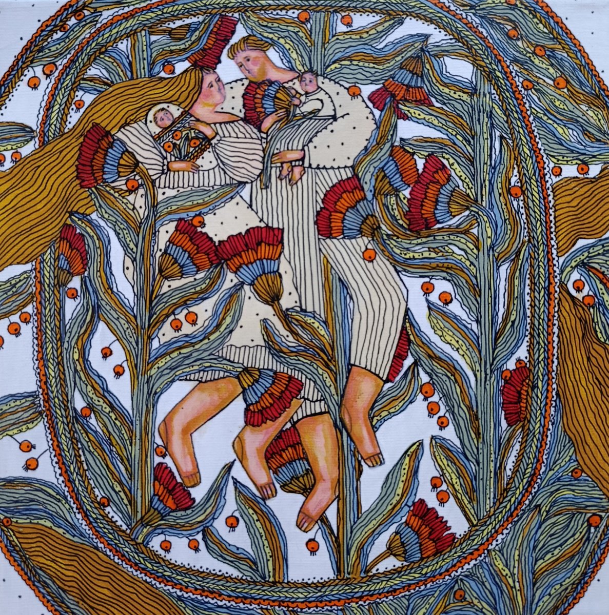 Naive Portrait Acrylic Painting By Tetiana Osadchuk, 12 X 12", Happy, Original Artwork