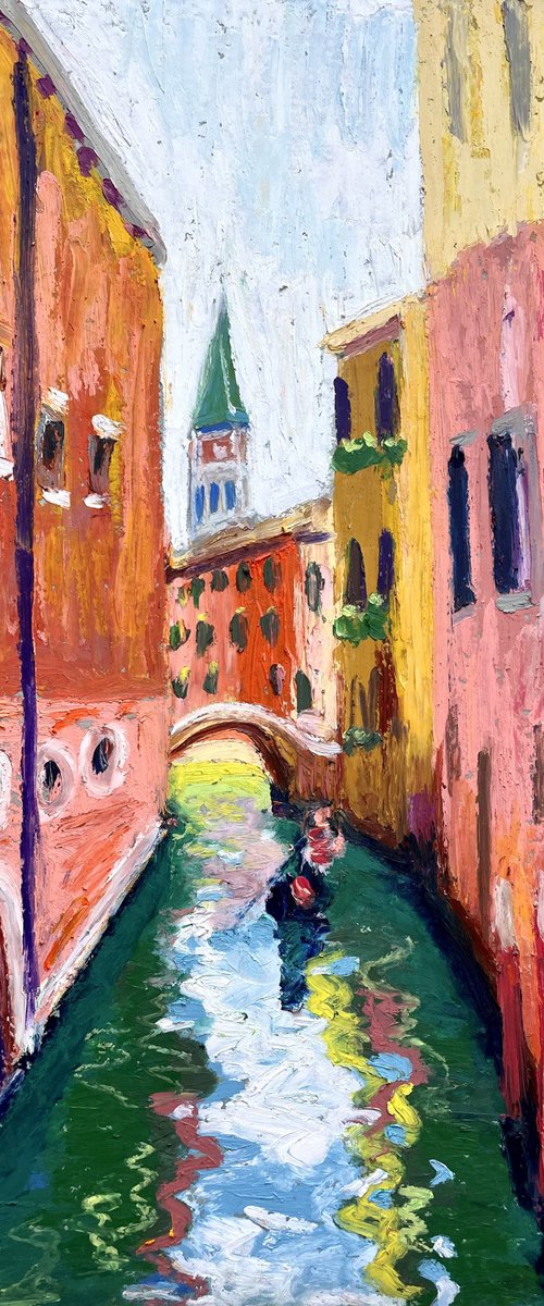 Venice Painting, Italy Original Oil Pastel Drawing, Gondola Illustration, Travel Gift by Kate Grishakova