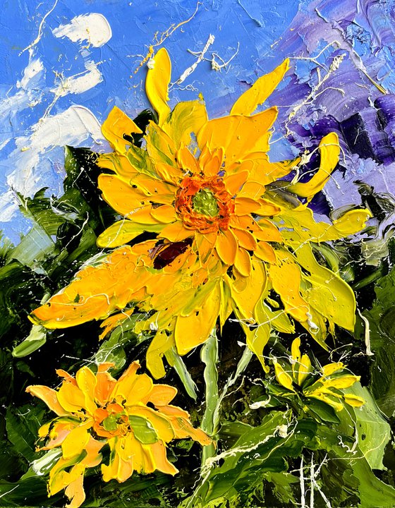 Sunflower Painting Floral Original Art Flower Small Oil Impasto Palette Knife Artwork 8 by 10 inches