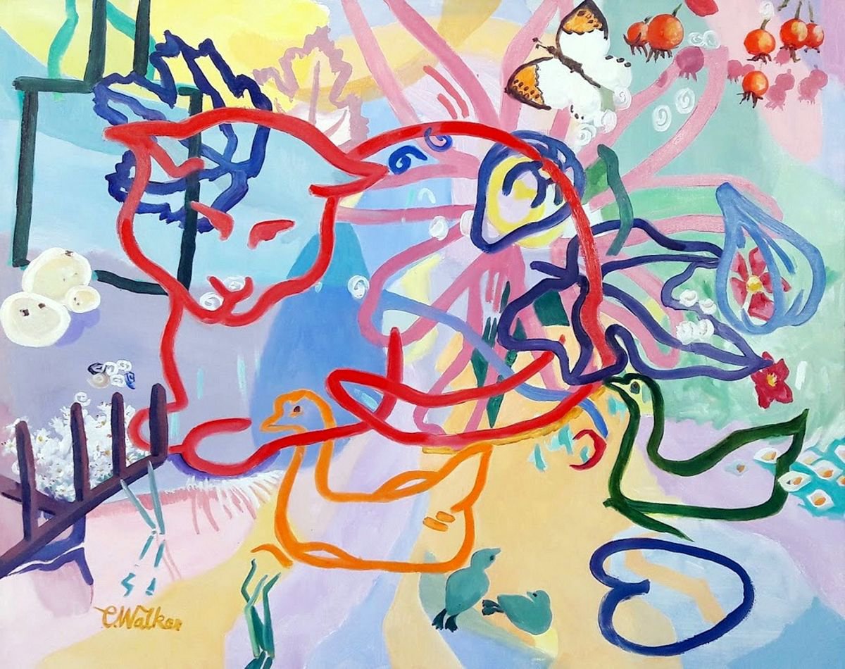 Naive Abstract Oil Painting By Chris Walker, 24 X 20, A Cat Called Barbara, Original Artwork