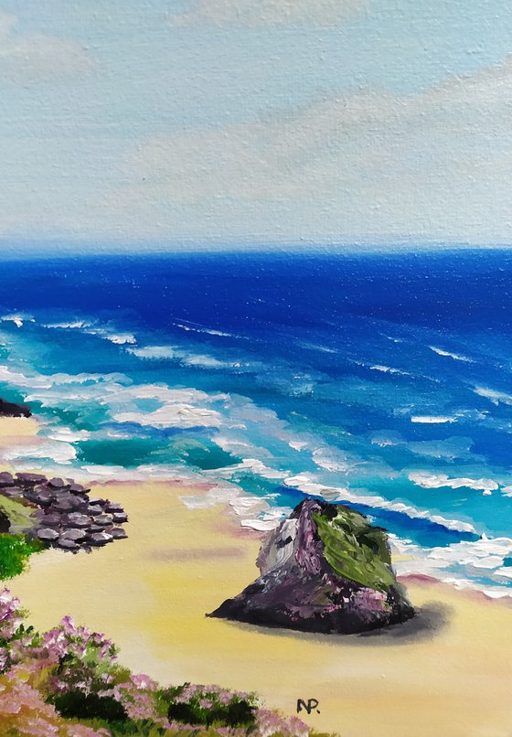 Cornwall, original british landscape beach oil painting, Gift, art for home