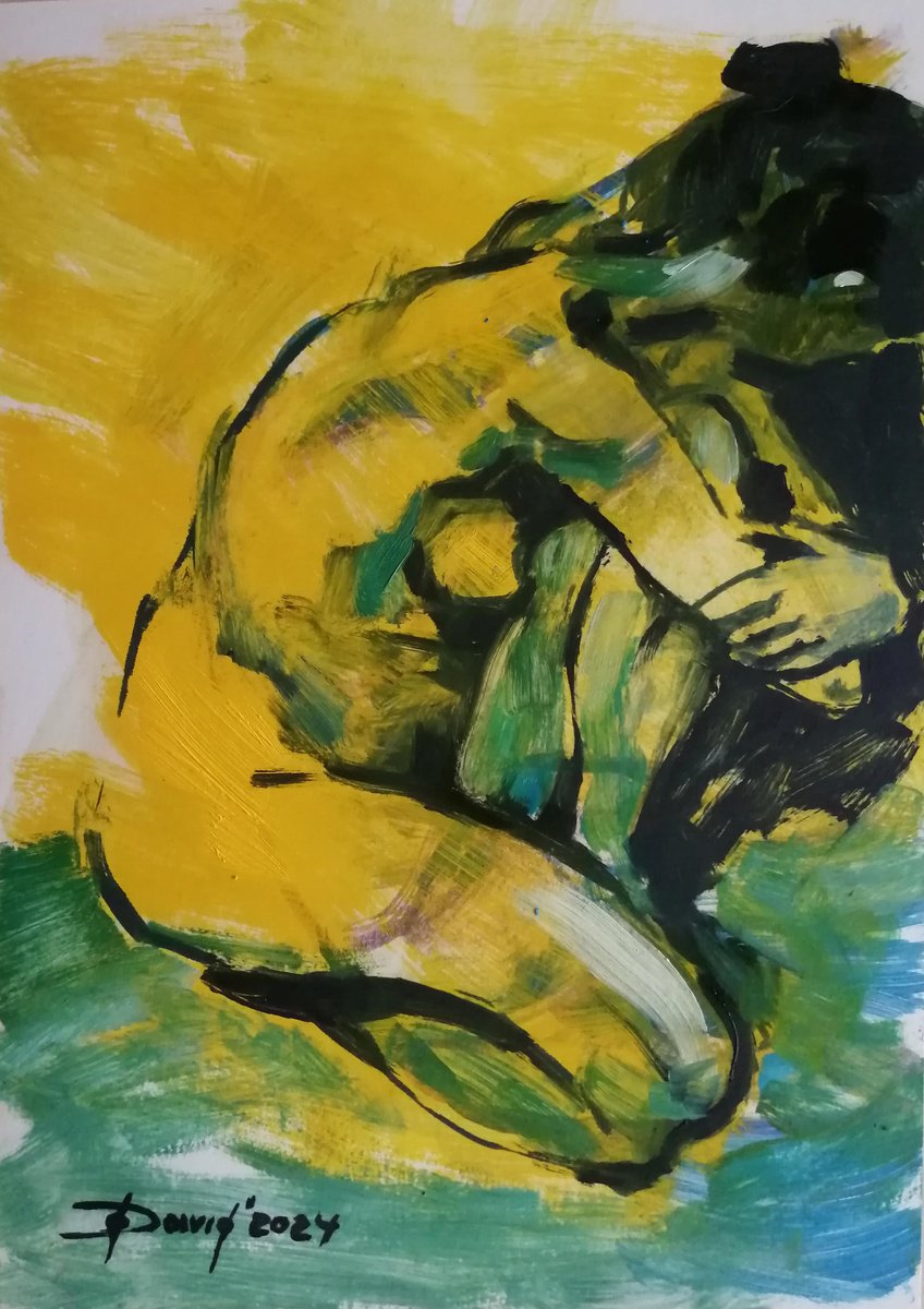 Nude yellow study women oil on paper by Olga David