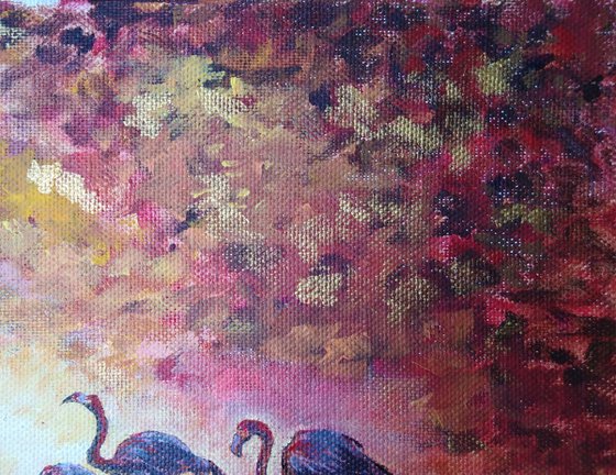 Flamingo - African flamingos at sunrise, acrylic painting for the interior