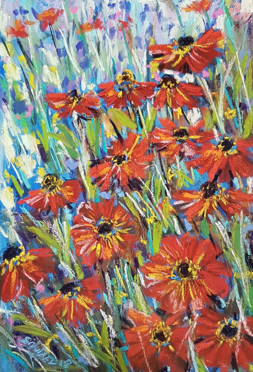 Red Zinnias FREE SHIPPING! by Silvia Flores Vitiello