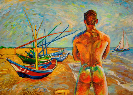 Bather with Fishing Boats