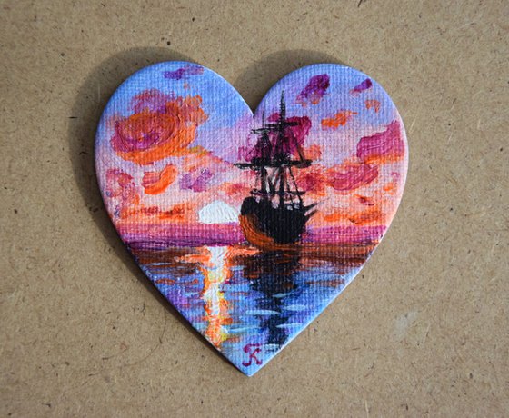 Ship painting, heart decor, fridge magnet, sunset seascape painting, romantic gift