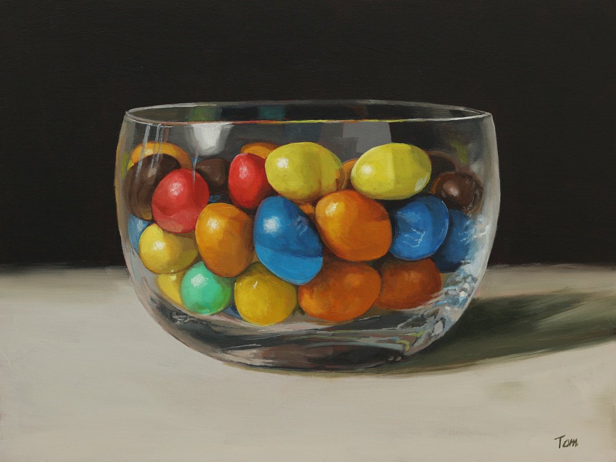 peanut-m-and-ms-in-a-glass-bowl-oil-painting-by-tom-clay-artfinder