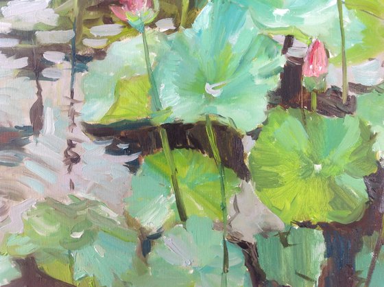 Rainy waterlily. water lilies pond oil painting landscape river sunlight waterlily