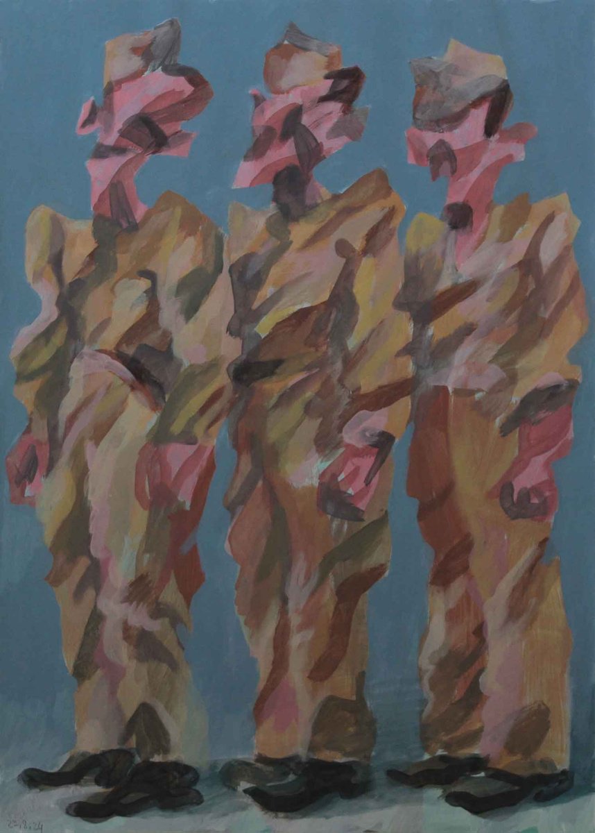 Expressive Portrait Acrylic Painting By Martin Singer, 12 X 16", Three Soldiers, Original Artwork