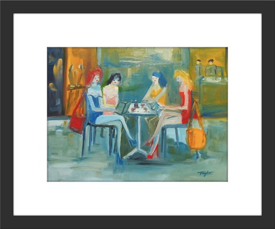 GIRLS PRETTY FASHION MODELS, RED WINE, RESTAURANT, Blue Pink Yellow Red Dresses. Original Female Figurative Oil Painting. Varnished.