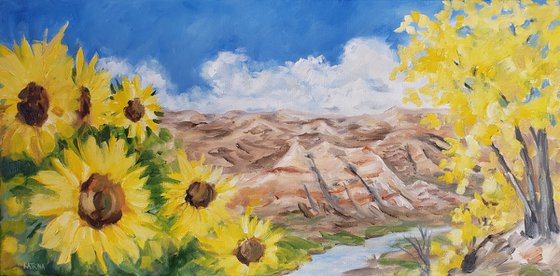 Landscape - Sunflowers - Cottonwoods - "North Dakota Gold"