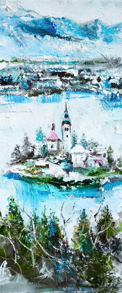 Oil Miniature of Lake Bled by Annet Loginova