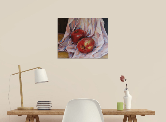 Still life with apples, original, one of a kind, acrylic on canvas impressionistic still life painting (16×20")