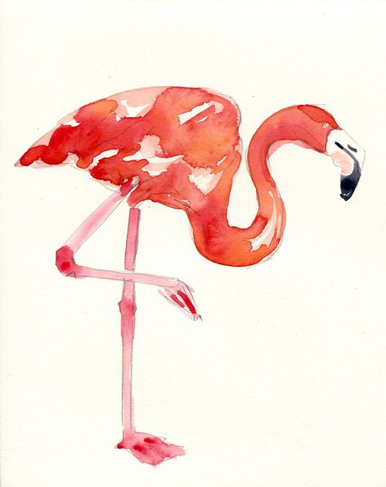 Original Watercolour Single Flamingo Bird