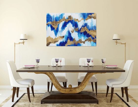 "Northern ligths"  landscape, original acrylic painting, abstract art, office home decor, gold, blue