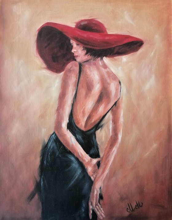 Woman with red hat - original erotic oil on canvas painting