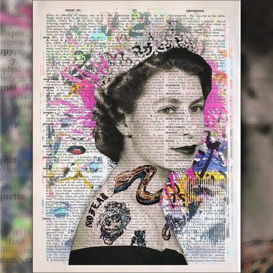 The Queen Elizabeth II Snake Tattoo - Collage Art on Large Real English Dictionary Vintage Book Page