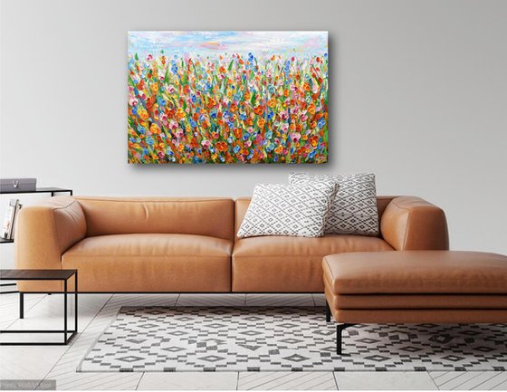 Meadow Joy - Abstract Floral Field Painting, Palette Knife Art