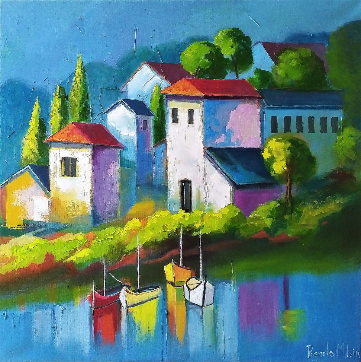 Impressionistic Cityscapes Oil Painting By Reneta Isin, 31 X 31", " Somewhere In Italy ", Original Artwork